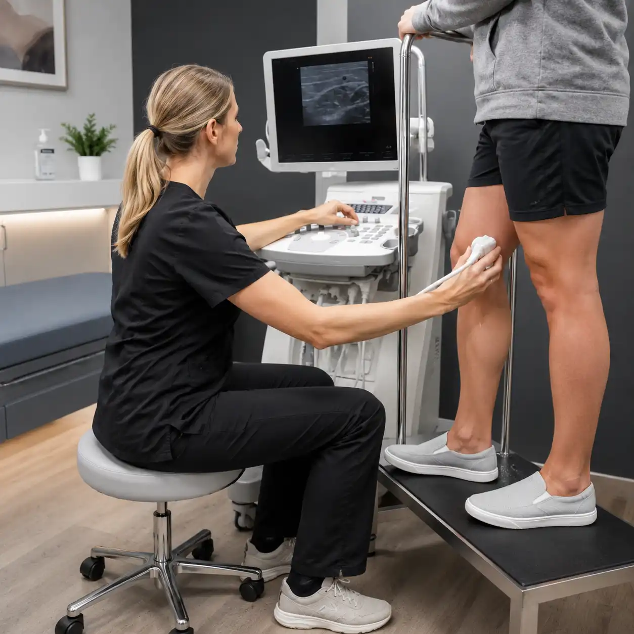 Medico che esegue ecografia diagnostica con sonda ecografica
